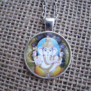 Ganesha Glass Cabochon Pendant Necklace